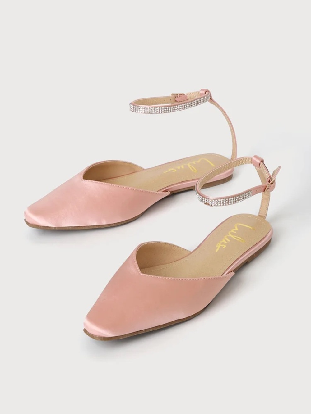 Lulu's Blush Pink Satin Pointed D'Orsay Flats with Crystal Ankle Straps